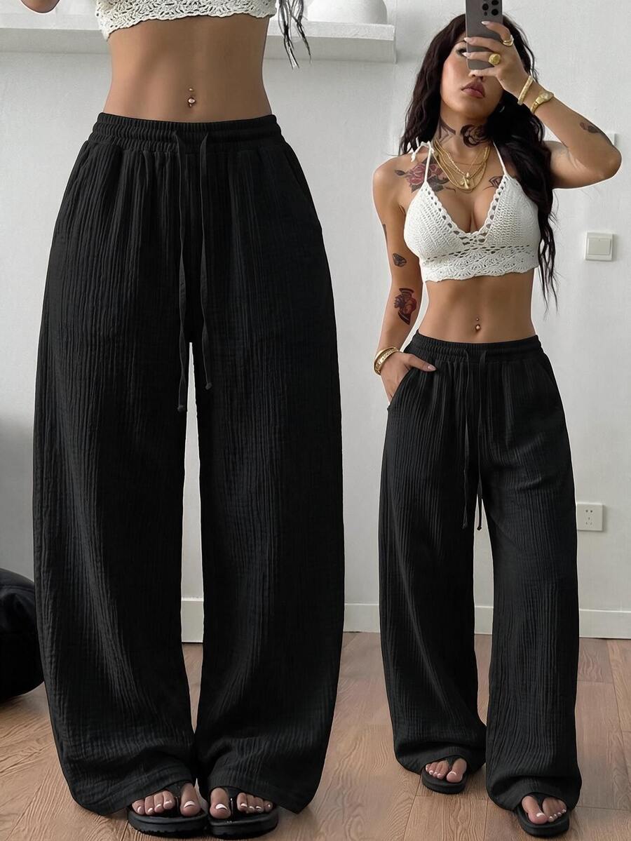 Coolane Women's Fall Warm Basic Minimalist Vacation Casual Beach White Textured Drawstring Waist Loose Flowy Wide Leg Baggy Harem Style Pants - Black - View 1
