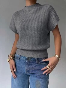 Aloruh Women's Casual Commuting Simple Solid Color Funnel Neck Batwing Sleeve Wide Hem Knit Top - Grey - View 5