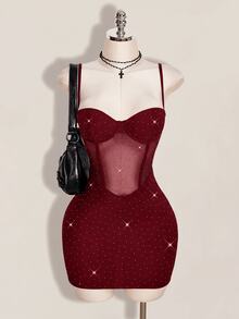 SHEIN ICON 女款時尚性感亮片網紗拼接細肩帶迷你洋裝 - 紅色 - 查看 4