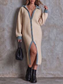 Linhara CURVE Women's Plus Size Colorblock Knit Brushed Ribbed Long Shirt Dress, Denim Collar, Patchwork Ribbed Cuffs, Long Sleeve Cardigan Dress, Casual/Commute/Autumn Winter Dress - Apricot - View 5