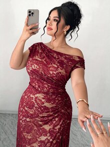 Elenzga Plus Size Autumn/Winter Burgundy Elegant Lace Asymmetrical Shoulder Dress, Suitable For Parties, Gatherings And Holiday Outfits - Burgundy - View 2