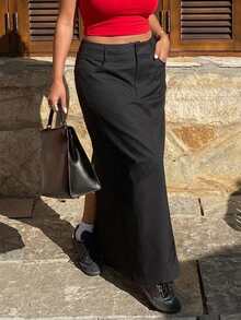 Dazy Plus Solid Color Fitted Long Skirt With Slit - Black - View 5