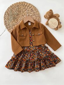 SHEIN Baby Girl Solid Color Single-Breasted Long Sleeve Jacket And Dress Casual Set - Brown - View 4