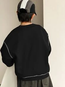SHEIN 小男孩休閒韓系寬鬆拼接配色黑色圓領衛衣，適合通勤、上學、日常休閒外出、運動，秋冬款 - 黑色 - 查看 2