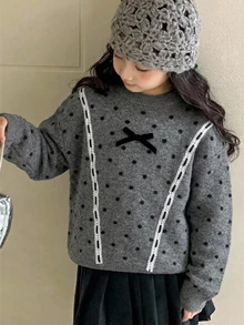 Dazy Kids Tween Girls Bow Decor Polka Dot Long Sleeve Sweater - Dark Grey - View 6