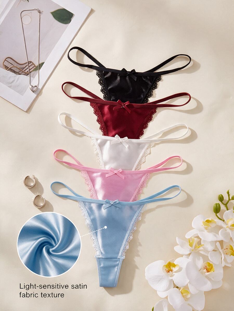 SHEIN 5件組女款蕾絲拼接蝴蝶結丁字褲 - 彩色 - 查看 1