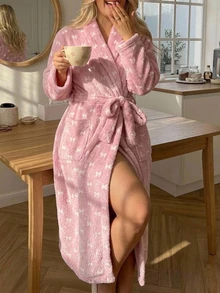Dazy Plus Thermal Lined Thick Coral Fleece Tie-Front Loungewear Robe, Autumn/Winter New Pink - Pink - View 5