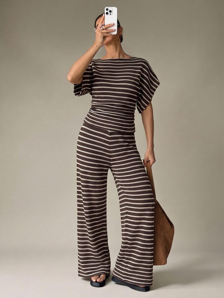SHEIN Tall Women's Striped Short Sleeve 2 Pieces Set - Brown - View 1