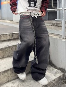 STEELVANCE 街頭復古時尚百搭做舊水洗對比鉚釘貓鬚口袋刺繡設計寬鬆直筒寬腿休閒牛仔褲（不含腰帶與配件） - 黑色 - 查看 7