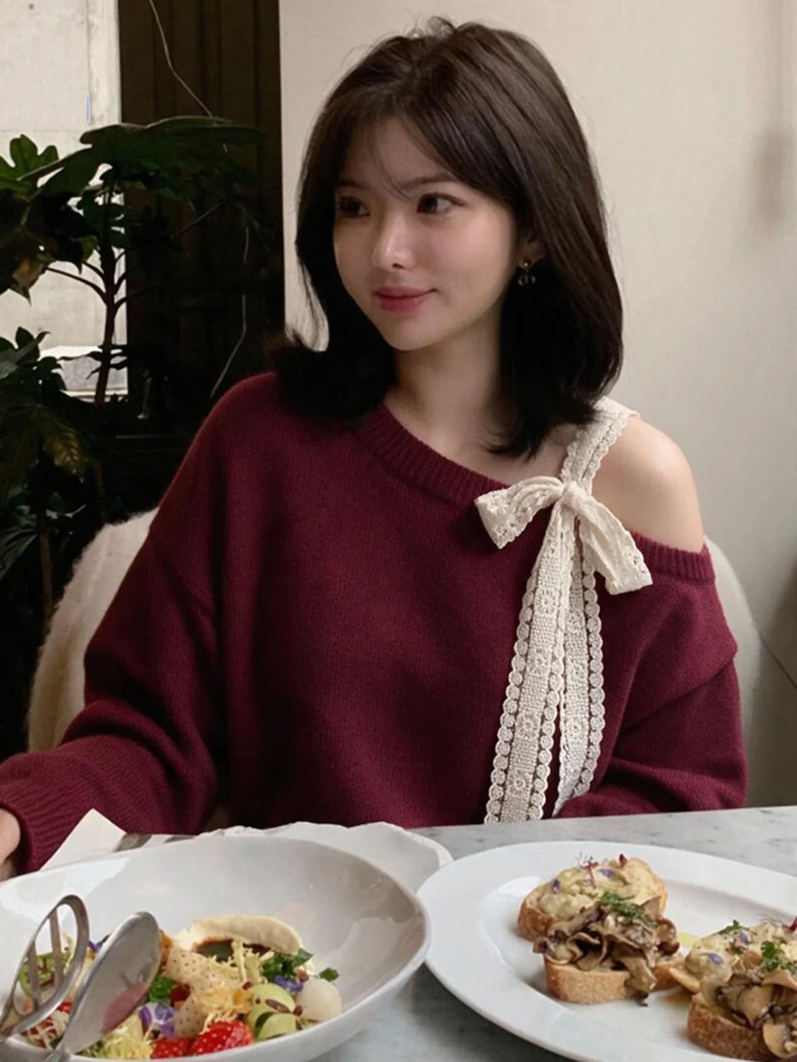 DAZY Sweater Wanita Longgar Warna Blok dengan Patchwork Renda Kasual Elegan Warna Merah - Burgundy - View 1