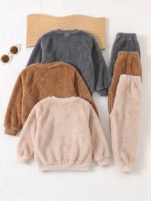 Cozy Pixies 兒童小男孩裝飾拼接圓領長袖套頭運動衫與鬆緊腰長褲 6件套舒適套裝 - 彩色 - 查看 2