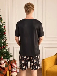 Notgurli Christmas Cute Cartoon Santa Claus Print Letter T-Shirt And Shorts Men's Pajama Set - Multicolor - View 2