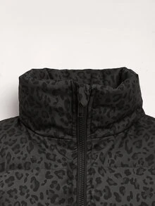 SHEIN 青少年女孩棕色波點寬鬆短版立領羽絨填充冬季外套 - 黑色 - 查看 7