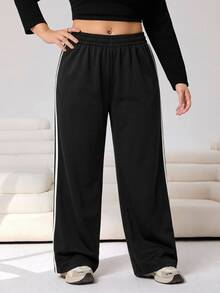 SHEIN CURVE+ Plus Size Black Casual Drawstring Waist Loose Fit Sweatpants, Autumn - Black - View 6