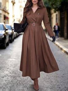 SHEIN LUNE CURVE Women's Plus Size Solid Color Lapel Design Belt Waist Cinched Casual Elegant Versatile Daily Elegant Commute Long Dress - Brown - View 5