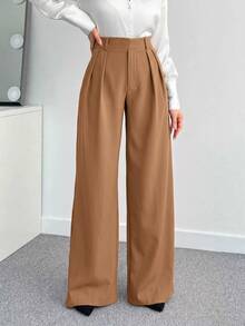 SHEIN Tall CURVE 大尺碼女款純色百褶休閒優雅百搭寬腿褲，高腰黑色，適合日常穿著、通勤、職場辦公、正式場合，秋季款 - 駝色 - 查看 5