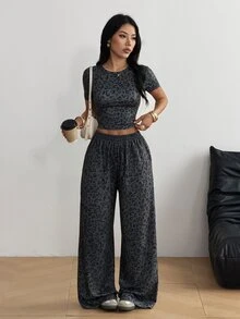 SHEIN EZwear 豹紋針織圖案休閒街頭風女裝套裝，度假穿搭，適合日常早午餐與旅行，灰色豹紋，夏季款 - 深灰色 - 查看 6