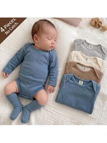 Loomiva Baby Girl Baby Boy 4pcs Cute Comfortable Versatile Long Sleeve Rompers - Multicolor - View 1