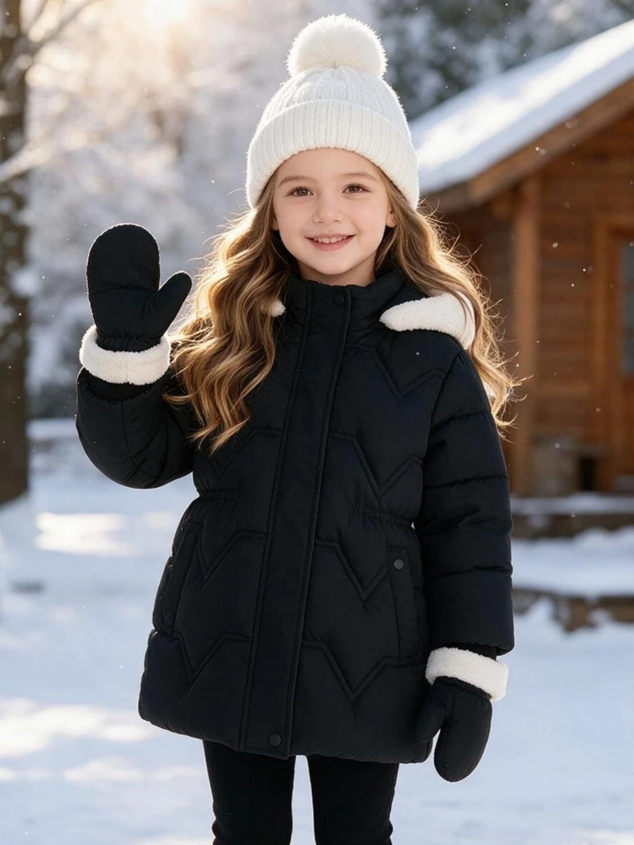 Young Girl Contrast Color Raw Edge Long Sleeve Zipper Quilted Winter Padded Coat - Black - View 1