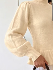 Firerie Women's Solid Color High Neck Fitted Waist Long Sleeve Minimalist Versatile Sweater - Apricot - View 8