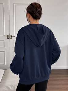 SHEIN EZwear 大尺碼休閒優雅黑白拉鍊連帽外套，秋季機場長袖短版連帽衫，秋季時尚保暖派對穿搭 - 藏蓝色 - 查看 2