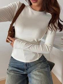 DAZY Women's White Round Neck Thermal Lined Elastic Slim Fit Solid Color Versatile Long Sleeve Base Layer T-Shirt - White - View 5