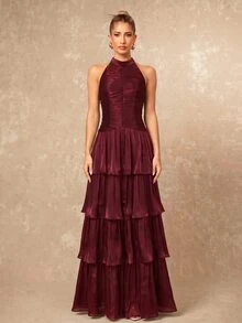 Lumalex Chocolate Brown Halter Maxi Dress High Neck Ruched Bodycon Bodice Layered Ruffle Drop Waist, Showcasing Low Key Luxury PartyStyle,Wedding,Ball,Dinner - Burgundy - View 4