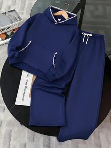 SHEIN 青少年女孩四分之一拉鍊寬鬆衛衣與運動褲套裝，休閒版型，返校季，秋冬，舒適秋季聖誕，可愛休閒日常膠囊衣櫥，Y2K街頭風，灰色 - 藏蓝色 - 查看 3