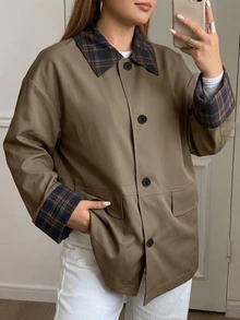 Dazy Plus Koreansk stil höstnyhet patchwork trenchcoat regular jacka - Kaki - Visa 2