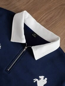 TOKVUE 男士半拉鍊套頭運動衫，黑色對比領，對比字母徽章印花設計，寬鬆落肩短版，美式復古休閒套頭運動衫，適合外出、通勤、街頭風、居家、旅行、日常穿著等 - 藏蓝色 - 查看 5