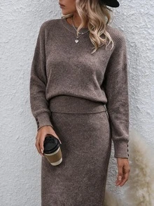 Trelyra Lazy Slimming High-End Grey-Brown Crew Neck Pullover Sweater + Elastic Waist Back Slit Skirt 2 Pieces Set - Coffee Brown - View 1