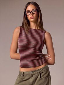 Athîral Women's Casual Round Neck Sleeveless Striped Soft Comfortable Tank Top, Suitable For Daily Commute, Date, Gathering, Versatile - Burgundy - View 1