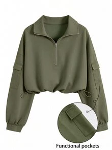 QUELARIE Women's Solid Color Drop Shoulder Long Sleeve Vintage American Style Half Zip Niche Sweatshirt Pullover Fall - Green - View 3