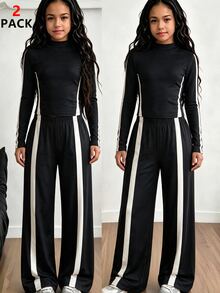 SHEIN 青少年女孩對比條紋假領長袖上衣與寬腿褲2件套，休閒運動風軟針織舒適活動秋季套裝 - 黑色 - 查看 1