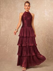 Lumalex Chocolate Brown Halter Maxi Dress High Neck Ruched Bodycon Bodice Layered Ruffle Drop Waist, Showcasing Low Key Luxury PartyStyle,Wedding,Ball,Dinner - Burgundy - View 9