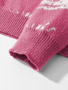 Manfinity CasualKnits 男士創意圖案提花休閒長袖針織毛衣，Y2K哥德街頭風，黑白配色，冬季假日秋冬毛衣 - 玫紅色 - 查看 5