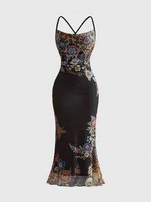 ROMWE Fairycore Women's Floral Print Elegant Cinched Waist Party Spaghetti Strap Dress - Black - View 1