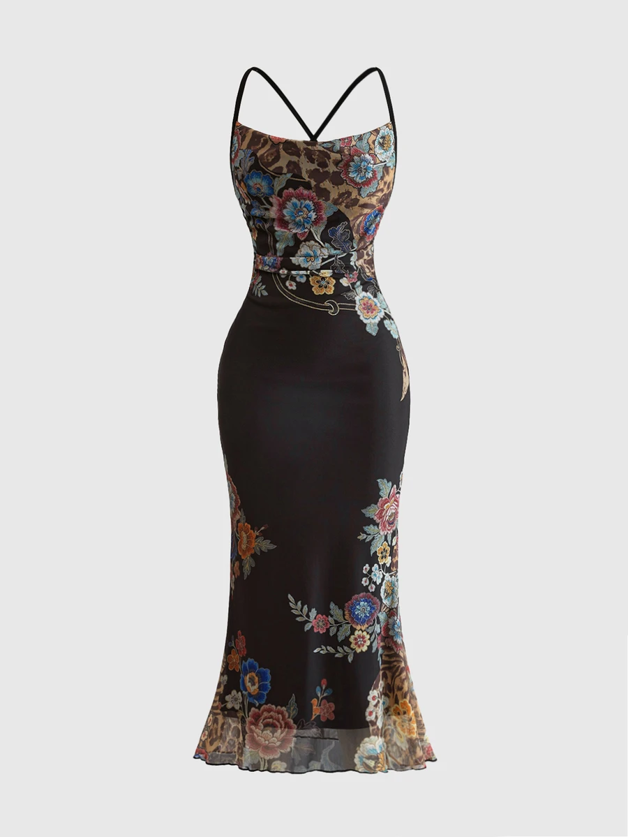 ROMWE Fairycore Women's Floral Print Elegant Cinched Waist Party Spaghetti Strap Dress - Black - View 1