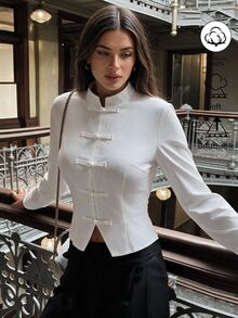Avenya Chinese Style Stand Collar Frog Button Waist-Cinching Blouse, Pure Cotton, Commuter Wear - Beige - View 1