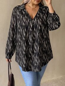 SHEIN CURVE+ Plus Size Women's Tie-Dye Random Print Asymmetrical Hem Casual Long Sleeve Shirt - Multicolor - View 4