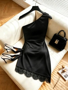 GlowEve CURVE Plus Size Women's Lace Patchwork One Shoulder Fashion Dress - Black - View 2