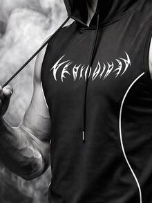 Manfinity Men Functional Line Print Hooded Sports Tank Top, Soft Fitness Sleeveless Vest, Gym - Black - View 3