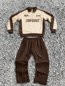 SHEIN Teen Boys Casual Comfortable Versatile Colorblock Polo Collar Sweatshirt & Long Pants Set - Multicolor - View 5