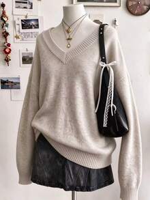 Collagica Collagica Women's Casual Versatile Solid Color V-Neck Loose Sweater - Vanilla Oat - View 3