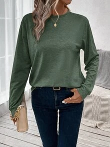 Easowa 女款休閒寬鬆素色長袖T恤可愛上衣 秋冬夏季女裝 - 墨綠色 - 查看 6