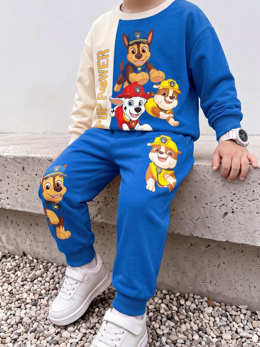 SHEIN | PAW Patrol 小男孩白色拼色卡通小狗印花寬鬆衛衣套裝 秋季長袖上衣與長褲 返校休閒穿搭 生日海灘 - 彩色 - 查看 1