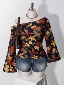 SHEIN ICON 女款休閒浪漫花卉印花大尺碼不對稱肩長袖T恤 - 彩色 - 查看 1