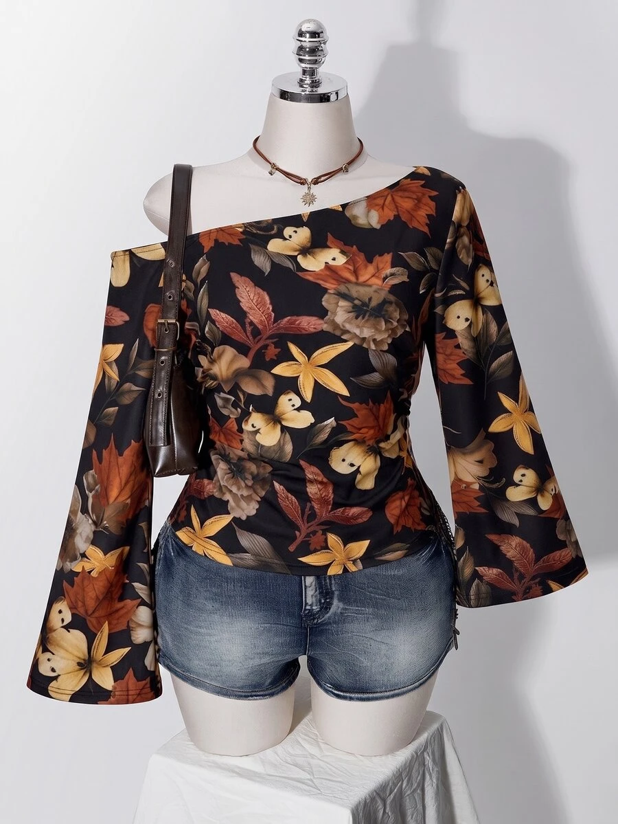 SHEIN ICON 女款休閒浪漫花卉印花大尺碼不對稱肩長袖T恤 - 彩色 - 查看 1