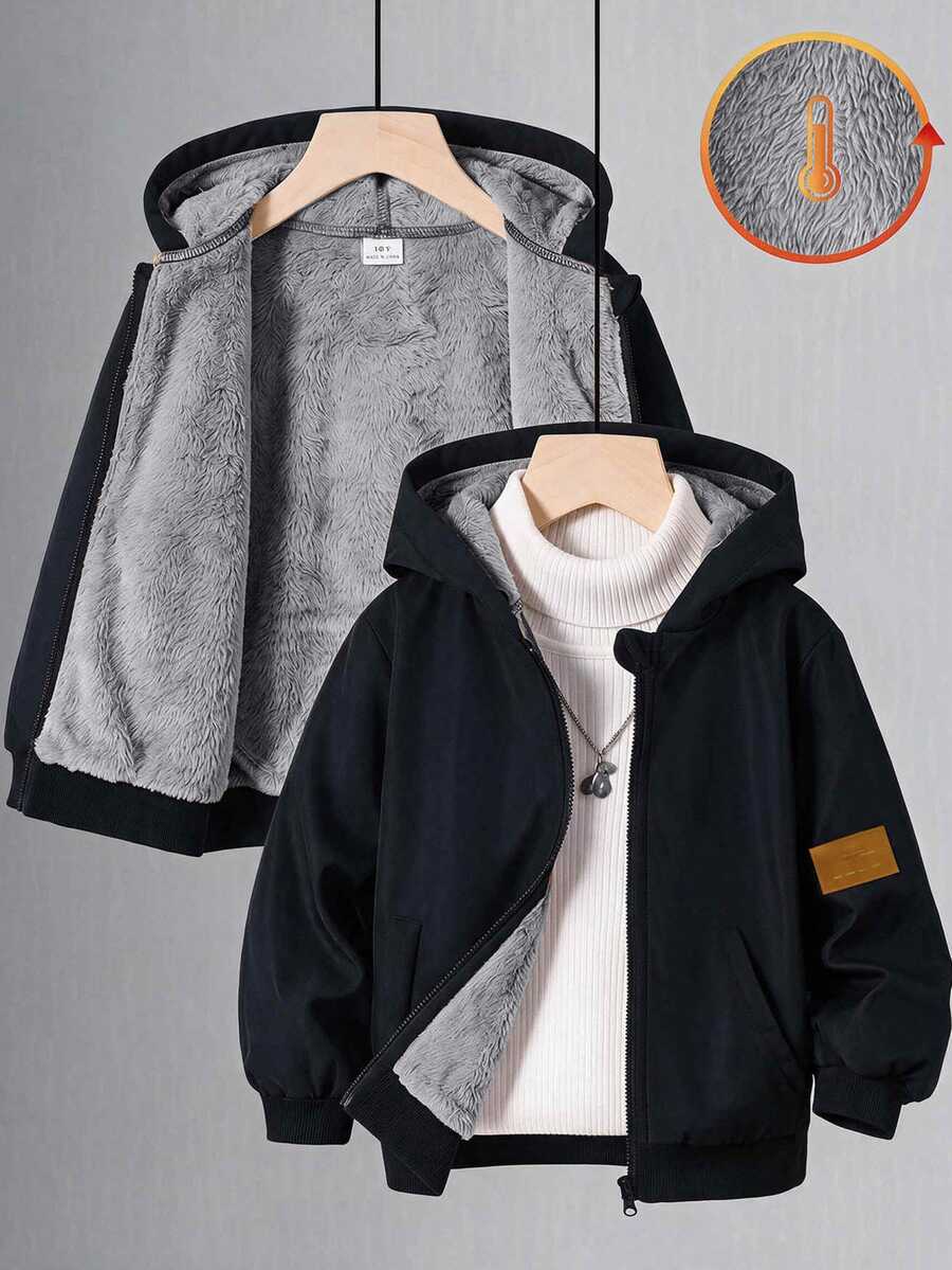 SHEIN 兒童青少年男孩休閒運動學院風抓絨內裡寬鬆黑色連帽外套,休閒學院字母貼布圖案黑色連帽夾克,適合秋冬、學校、戶外穿著,四季皆宜 - 黑色 - 查看 1