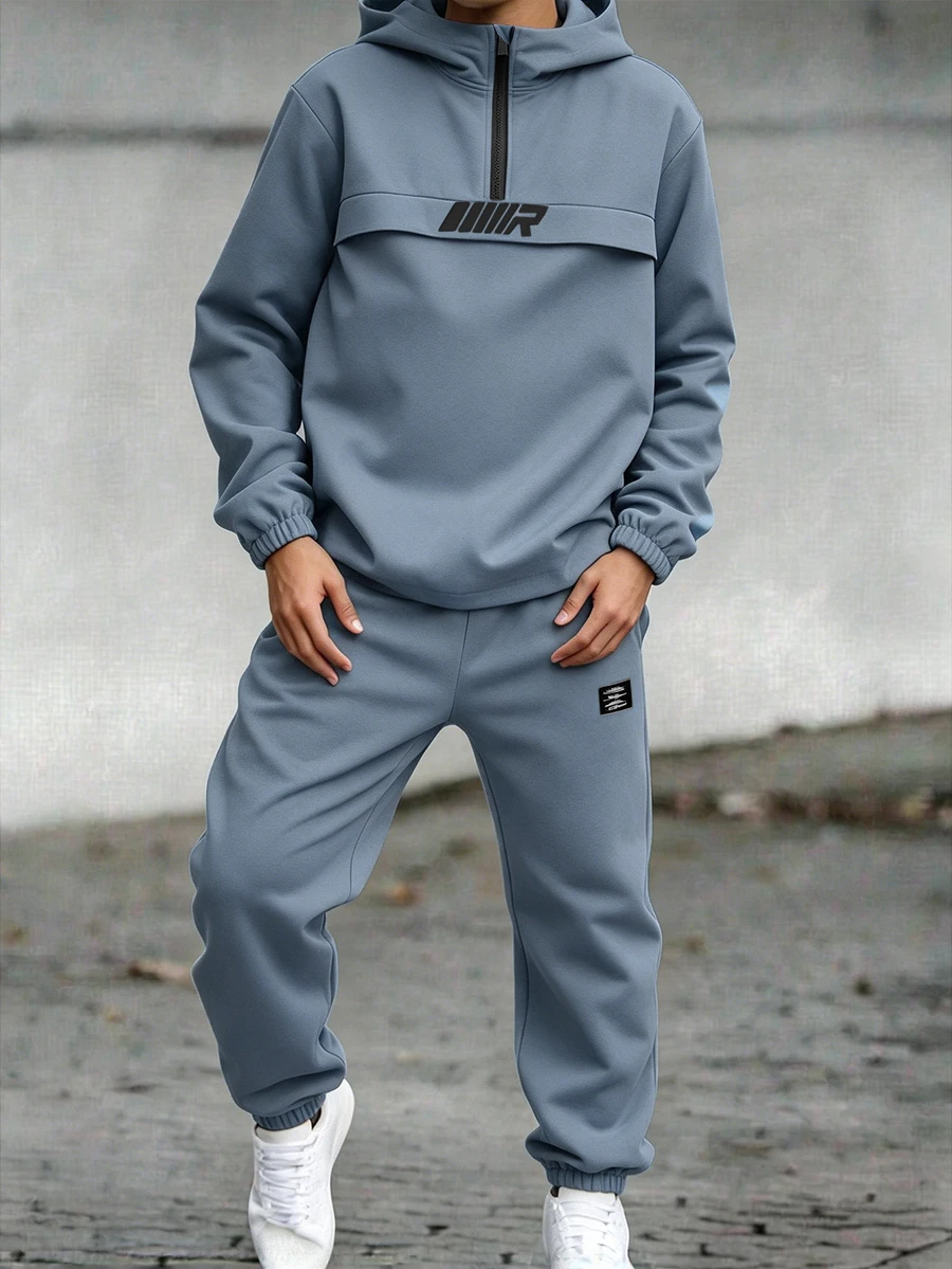 SHEIN Tween Boy Zip-Up Letter Print Hoodie Jacket With Elastic Waist Casual Long Pants Set - Dusty Blue - View 1
